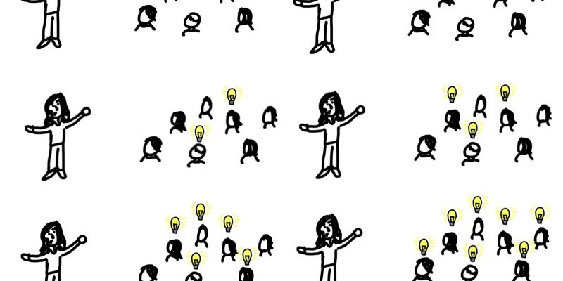 Cartoon depicting a presenter speaking to an audience showing lightbulbs slowing turning on above everyone's head